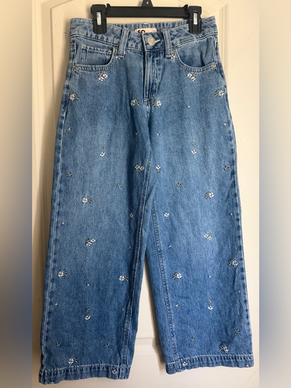 SO Blue wide -Leg girls Jeans with White Floral Embroidery jeans sz 10 grunge